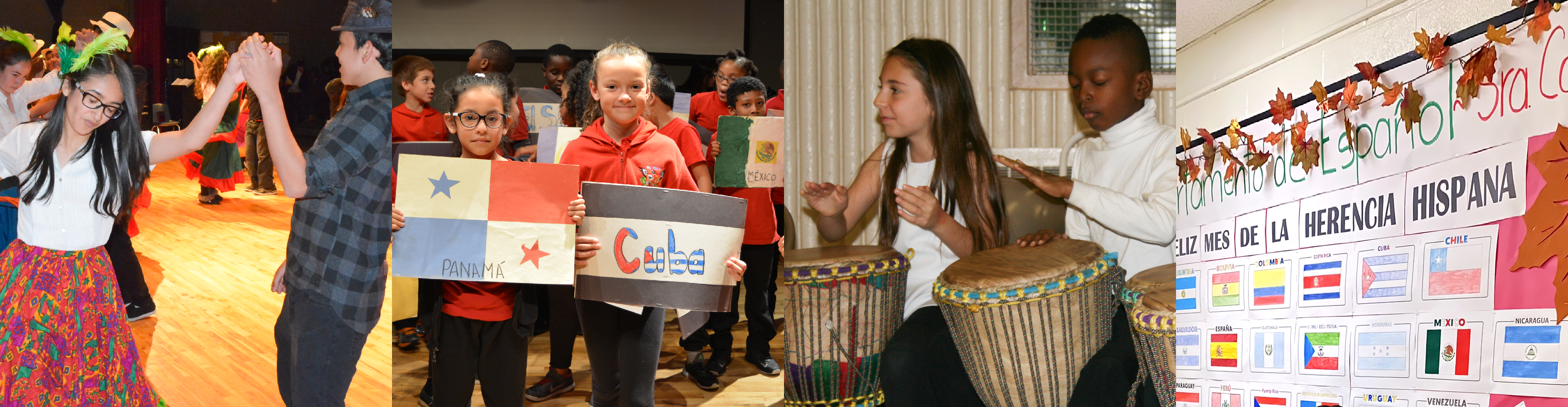 First photo is of students taking part in a traditional Spanish dance while in constume. Second photo is of students holding up poster boards with the flags of various Spanish-speaking countries including Panama, Cuba and Mexico. Third photo is of two students playing traditional drums during a Hispanic Canadian heritage celebration. Fourth photo is of a school display by students with artwork of the flags of various countries of Hispanic Heritage.