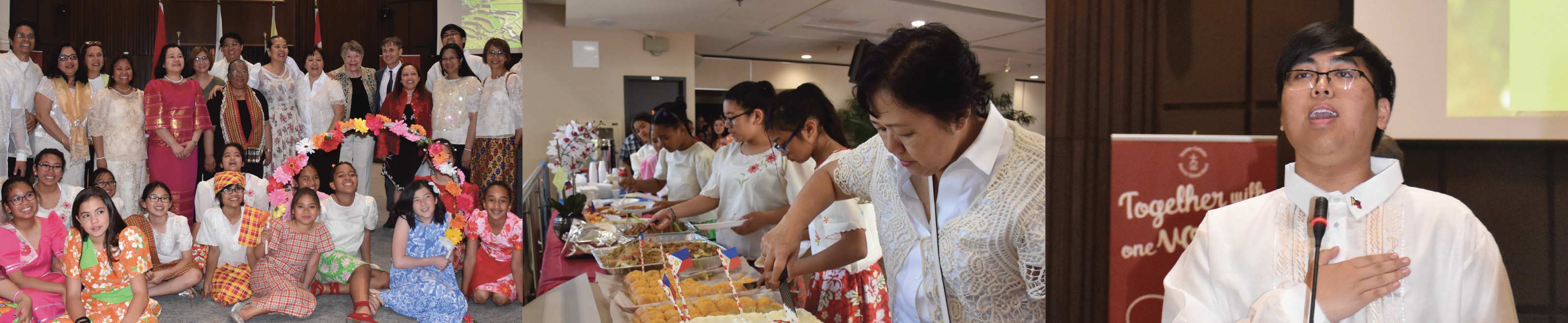 First photo is of students dressed up in traditional Filipino dress for the Filipino Cultural Heritage Month Mass and Expose. Second photo is of students, staff and parents picking traditional Filipino food to eat from the buffet spread. Third photo is a of a student reciting a prayer at the podium. 