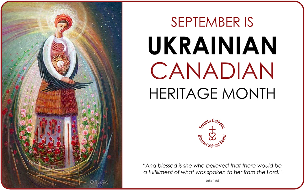 Ukrainian cultural painting of an angel with wings holding a nest of eggs in her hand. - September is Ukrainian Canadian Heritage Month - "And blessed is she who believed that there would be a fulfillment of what was spoken to her from the Lord." Luke 1:45
