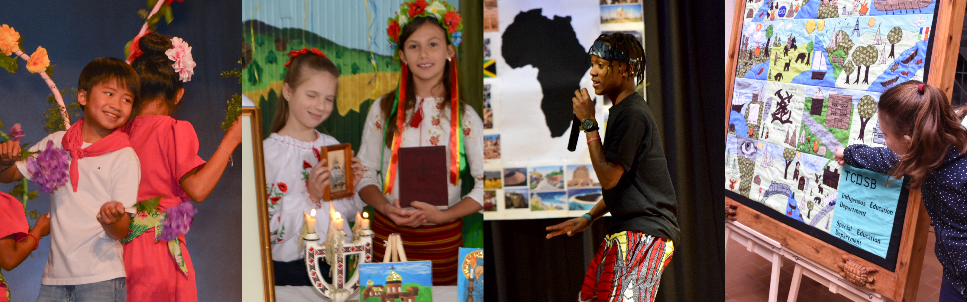 An image consists of 4 photos. First photo consists of 2 students dancing; second photo consists of 2 students standing in front of a table smiling; third photo consists of a student singing; forth photo consists of a student showcasing her artwork. 