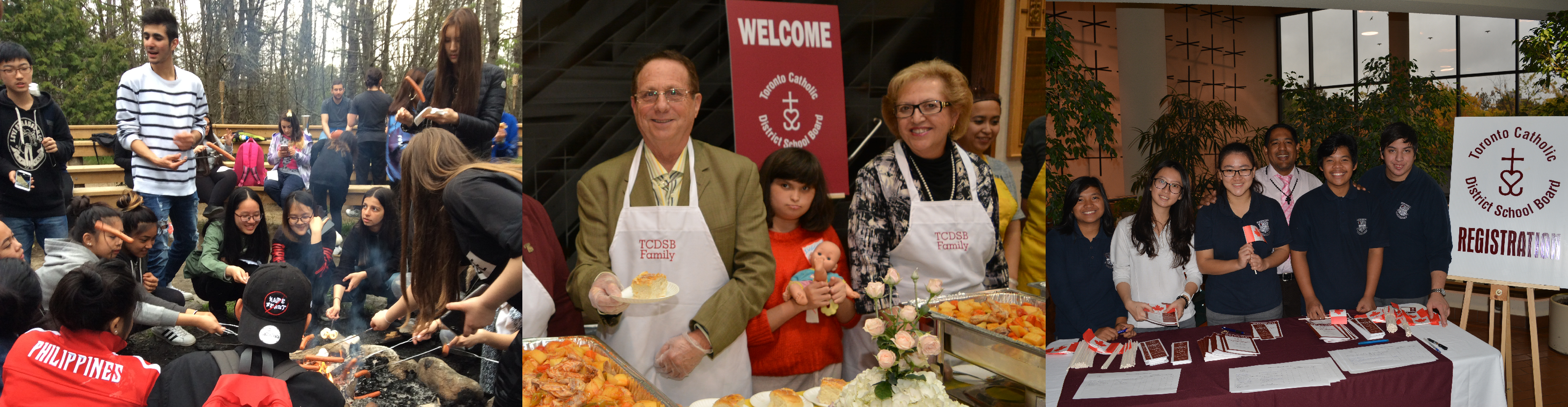 First photo is of newcomer students eating smoked sausages and marshmallows around a campfire together at the Teen Ranch event. Second photo is of TCDSB staff in aprons serving food at the Newcomer Conference. Third photo is of TCDSB students providing information and brochures about TCDSB registration at the Newcomer Welcome Reception event.