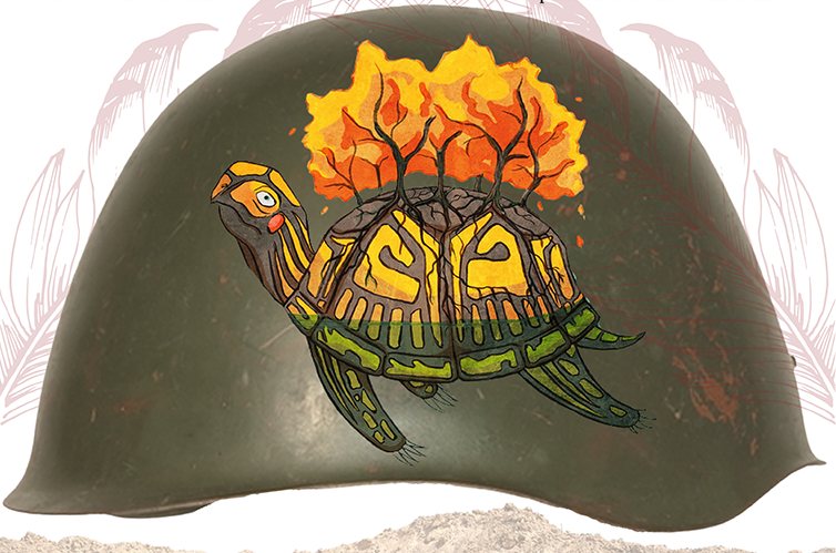 A green army helmet with indigenous art painted on it. 