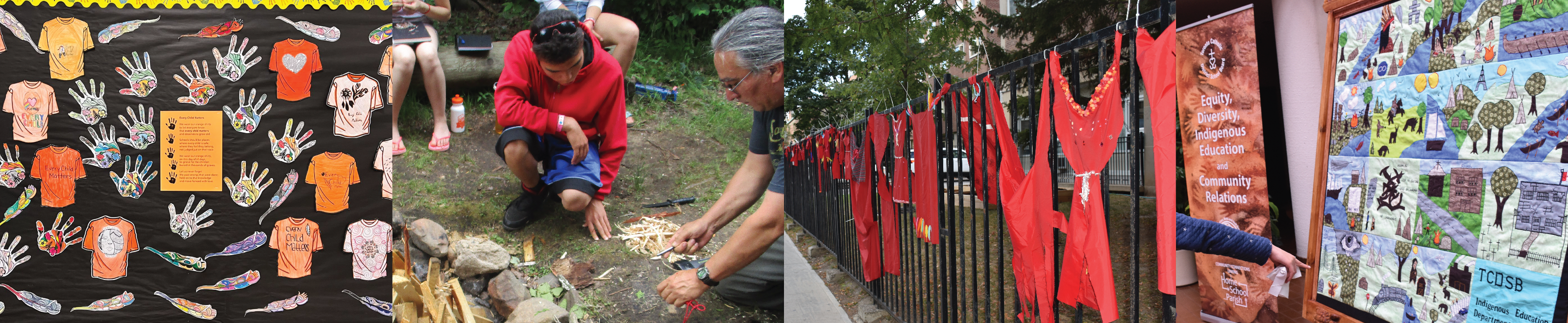 A banner made of four photos. The first photo shows artwork by students recognizing Orange Shirt Day. The second photo shows an Indigenous knowledge keeper showing students how to traditionally prepare a fire during camping trip. The third photo shows red dresses hanging on a fence honouring and remembering all missing and murdered Indigenous women, girls and two-spirit people. The fourth photo shows a presentation by the Equity Department at the CEC in collaboration with the Special Education Department, showing a collage of student artwork of Indigenous peoples and culture.
