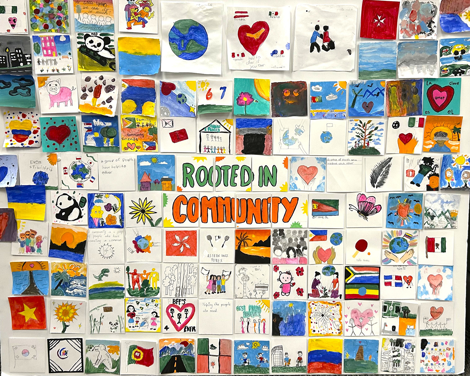 Collage on the wall of artwork made by TCDSB students from the 2025 Newcomer Conference