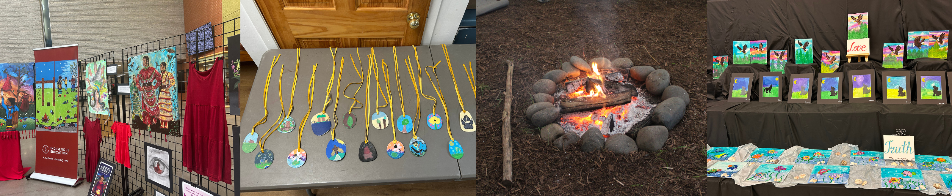 A banner made of four photos. The first photo shows artwork by students recognizing Orange Shirt Day. The second photo shows an Indigenous knowledge keeper showing students how to traditionally prepare a fire during camping trip. The third photo shows red dresses hanging on a fence honouring and remembering all missing and murdered Indigenous women, girls and two-spirit people. The fourth photo shows a presentation by the Equity Department at the CEC in collaboration with the Special Education Department, showing a collage of student artwork of Indigenous peoples and culture.