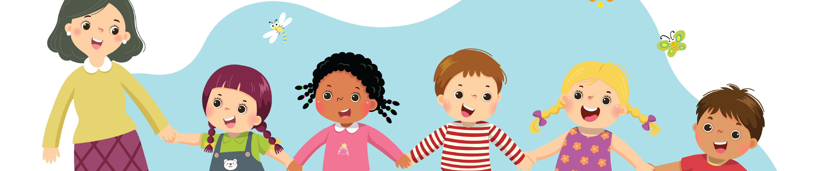 Five illustrated students and a teacher holding hands.