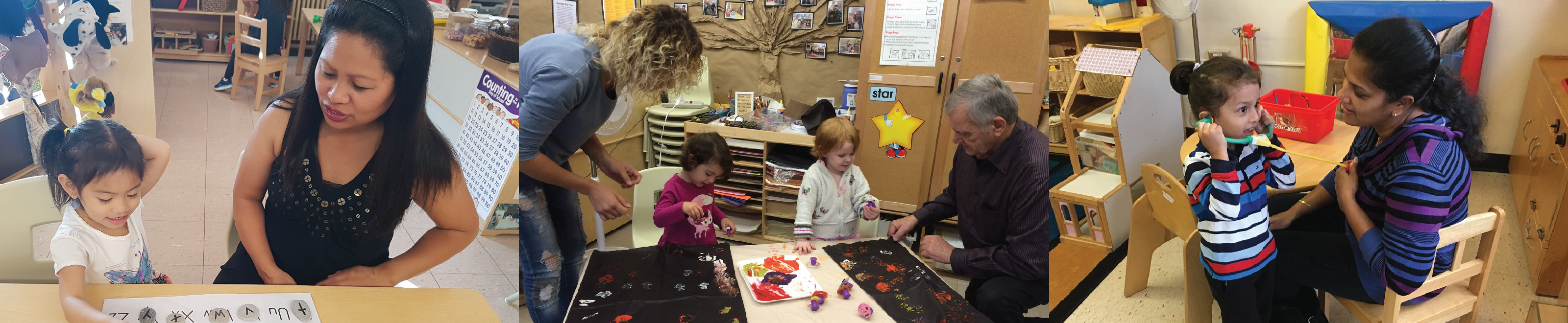 An image consists of 3 photos: left photo shows a female caregiver with a female student drawing; the middle photo shows 2 caregivers playing with 2 children; right photo shows a female caregiver playing with a child in a classroom.