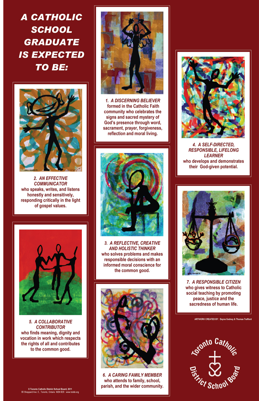 Catholic School Graduate Expections poster.  A Catholic School Graduate is expected to be:  A discerning believer formed in the Catholic faith community who celebrates the signs and sacred mysteries of God’s presence through word, sacrament, prayer, forgiveness, reflection and moral living.  An effective communicator who speaks, writes and listens honestly and sensitively, responding critically in light of gospel values.  A reflective, creative and holistic thinker who solves problems and makes responsible decisions with an informed moral conscience for the common good.  A self-directed, responsible, life-long learner who develops and demonstrates their God-given potential.  A collaborative contributor who finds meaning, dignity and vocation in work which respects the rights of all and contributes to the common good.  A caring family member who attends to family, school, parish, and the wider community.  A responsible citizen who gives witness to Catholic social teaching by promoting peace, justice and the sacredness of human life.