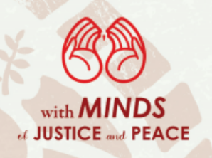 A drawing of two hands outstretched together in prayer, with the text below "With Minds of Justice and Peace"