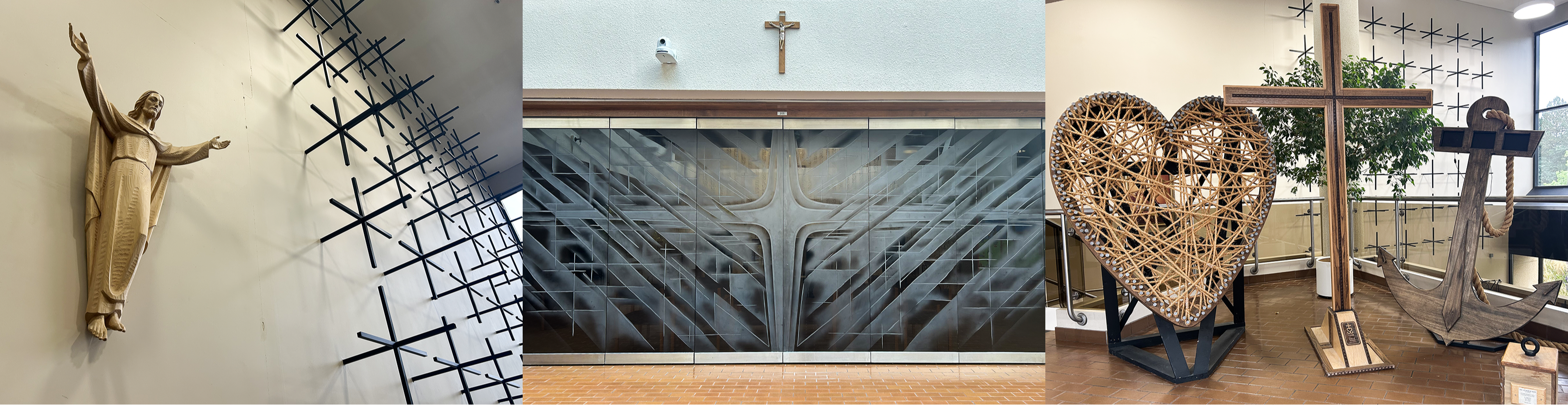 A collage of three photos showing locations in the Catholic Education Centre of the Toronto Catholic District School Board. The first photo shows a sculpture of Jesus on the wall next to a display of repeating metal crosses. The second shows a long glass door into which is frosted the Holy Cross with sun rays illuminating it. The third photo shows a wooden display of the Heart, the Cross and the Anchor, which are elements of the TCDSB logo.