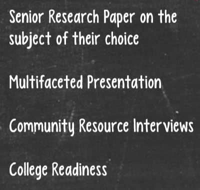 Senior Capstone | Senior Research Paper on the subject of their choice | Multifaceted Presentation | Community Resource Interviews | College Readiness