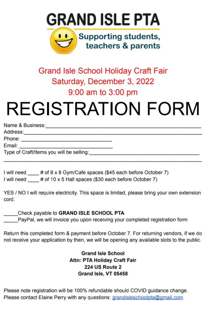 We are now gearing up for our annual craft fair! This year the craft fair will be held on December 3rd and we are now accepting applications. If you are interested in signing up please email us as soon as possible to reserve your spot! Spots fill up quickly!grandisleschoolpta@gmail.com