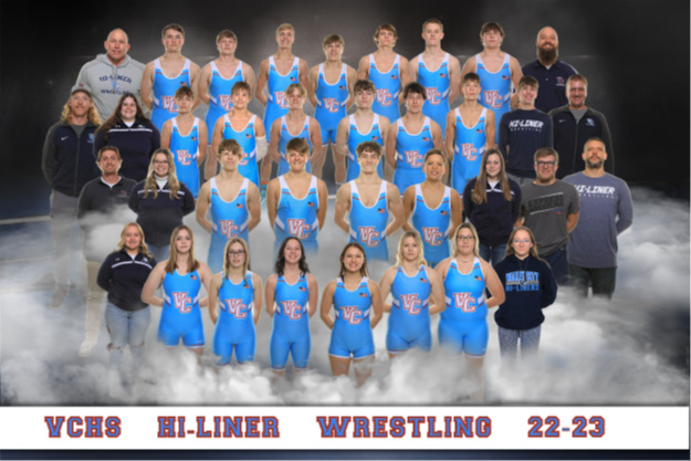 VCHS Hi-Liner Wrestling 22-23 Boys and Girls Wrestling Team Picture with Coaches