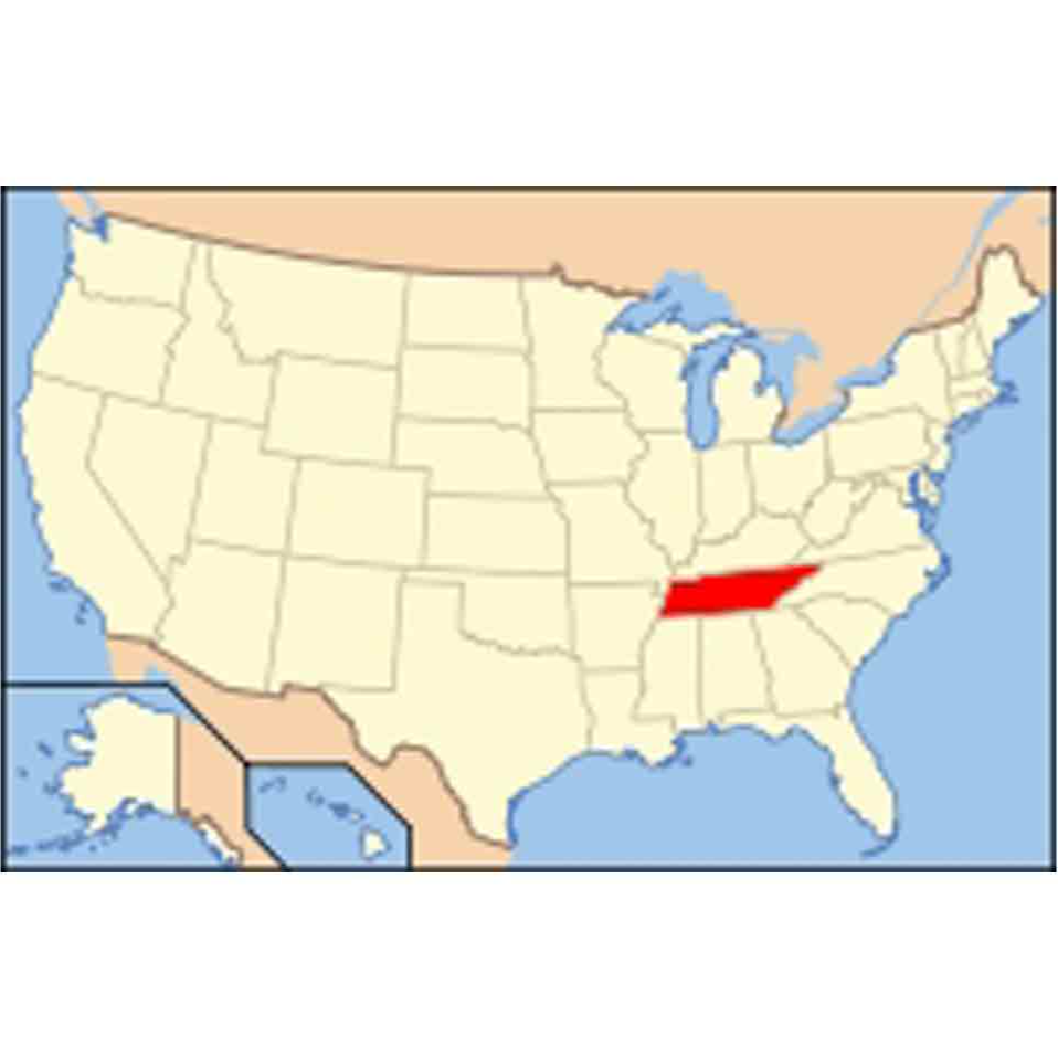 US map with Tennessee highlighted red