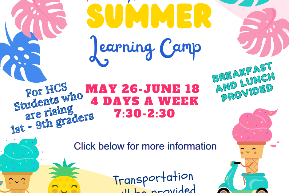 Bright, colorful poster with summer camp information. Features icons of ice cream, pineapple, and a scooter. Dates, times, and details about breakfast and lunch are provided.