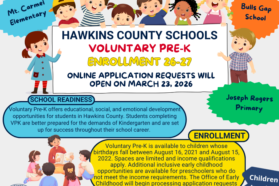 Flyer for Hawkins County Schools Voluntary Pre-K enrollment, ages 26-27. Application opens March 23, 2026.