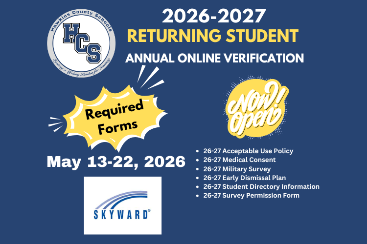 Blue background displays "2026-2027 Returning Student Annual Online Verification." Icons include a yellow exclamation mark, green "Now Open" sign, and logos.