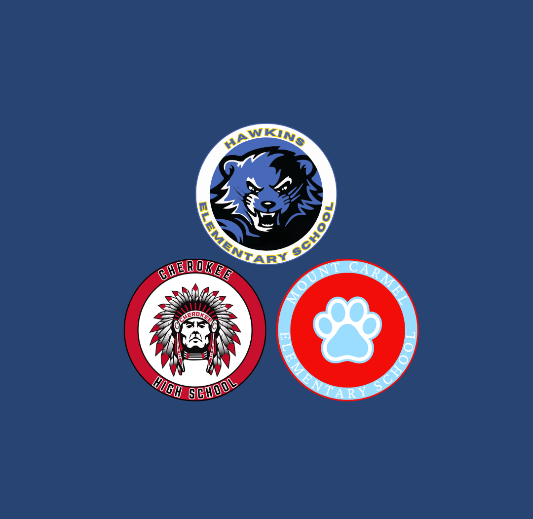 Three school emblems on a blue background. A blue bear, a red logo with an Indian headdress, and a red paw print.