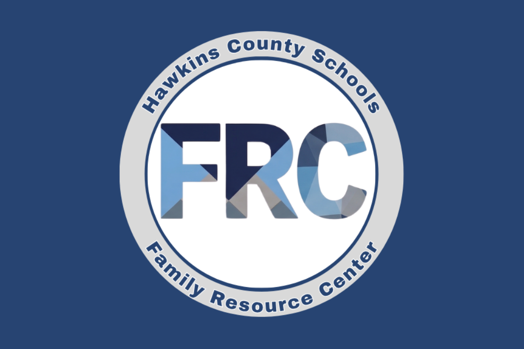 A blue background displays the logo for the Hawkins County Schools Family Resource Center. The logo includes "FRC" in blue letters.