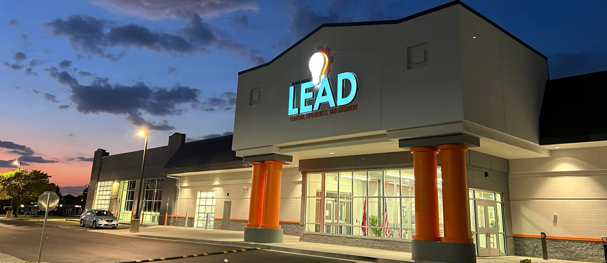 LEAD Center exterior at night