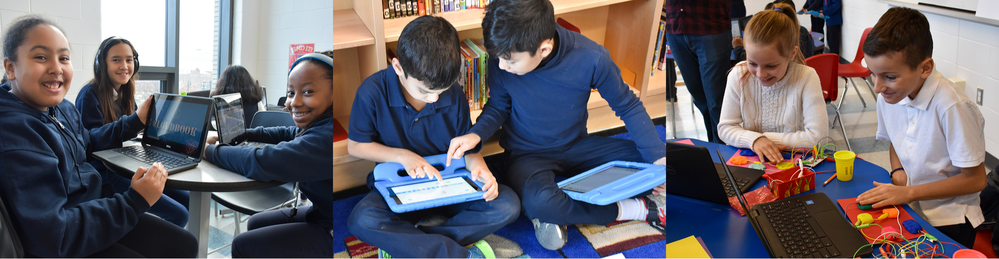 Three photots of groups of students in uniform studying together with the aid of tablets and laptops.