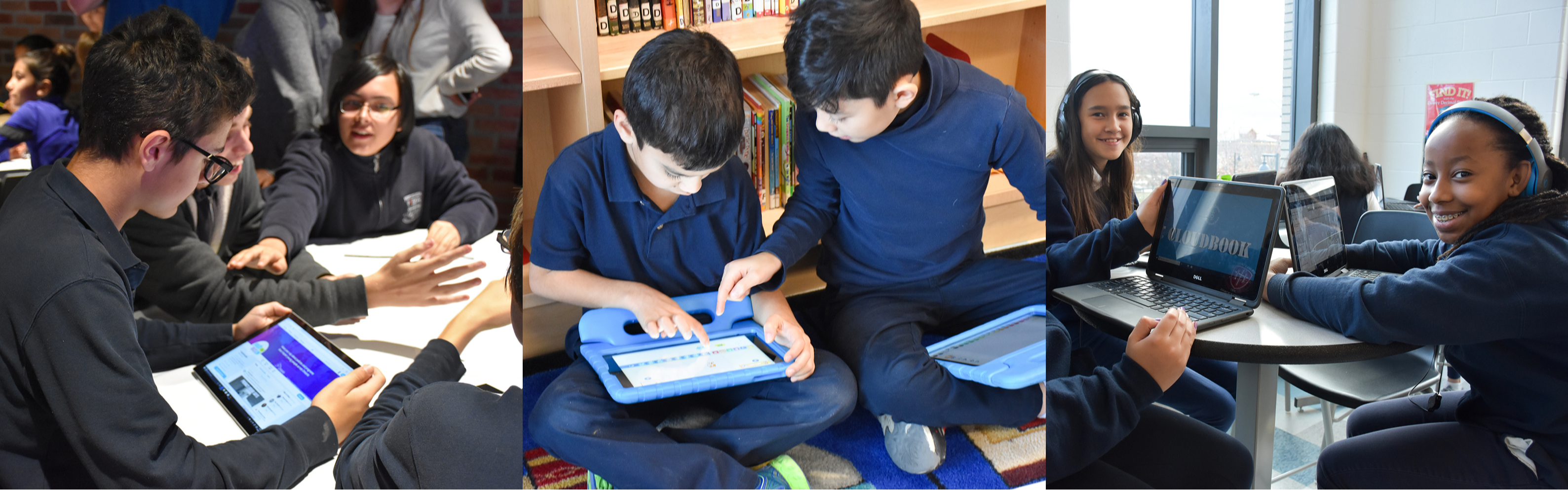 A collage of three photos. From left to right: the first image displays high St. Anne students gathered around a table, with one student holding a tablet while another gestures toward the screen. Second image shows two younger students in blue uniforms sitting cross-legged on the floor near a bookshelf, using tablets together. Final image shows two students wearing headphones sitting at a table in a classroom, smiling while working on their laptops.   