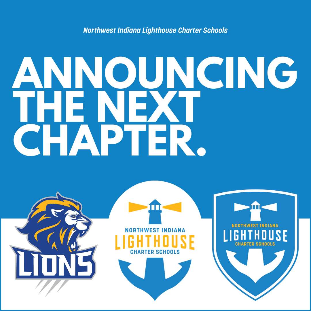 School logos with text reading "Northwest Indiana Lighthouse Charter Schools - Announcing the next chapter"