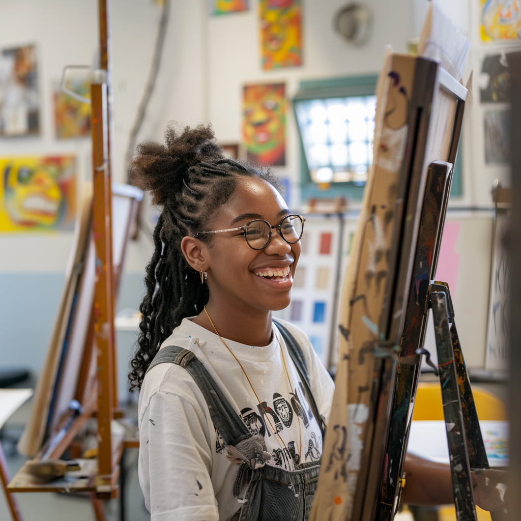 Art Student smiling and standing in front of an easel