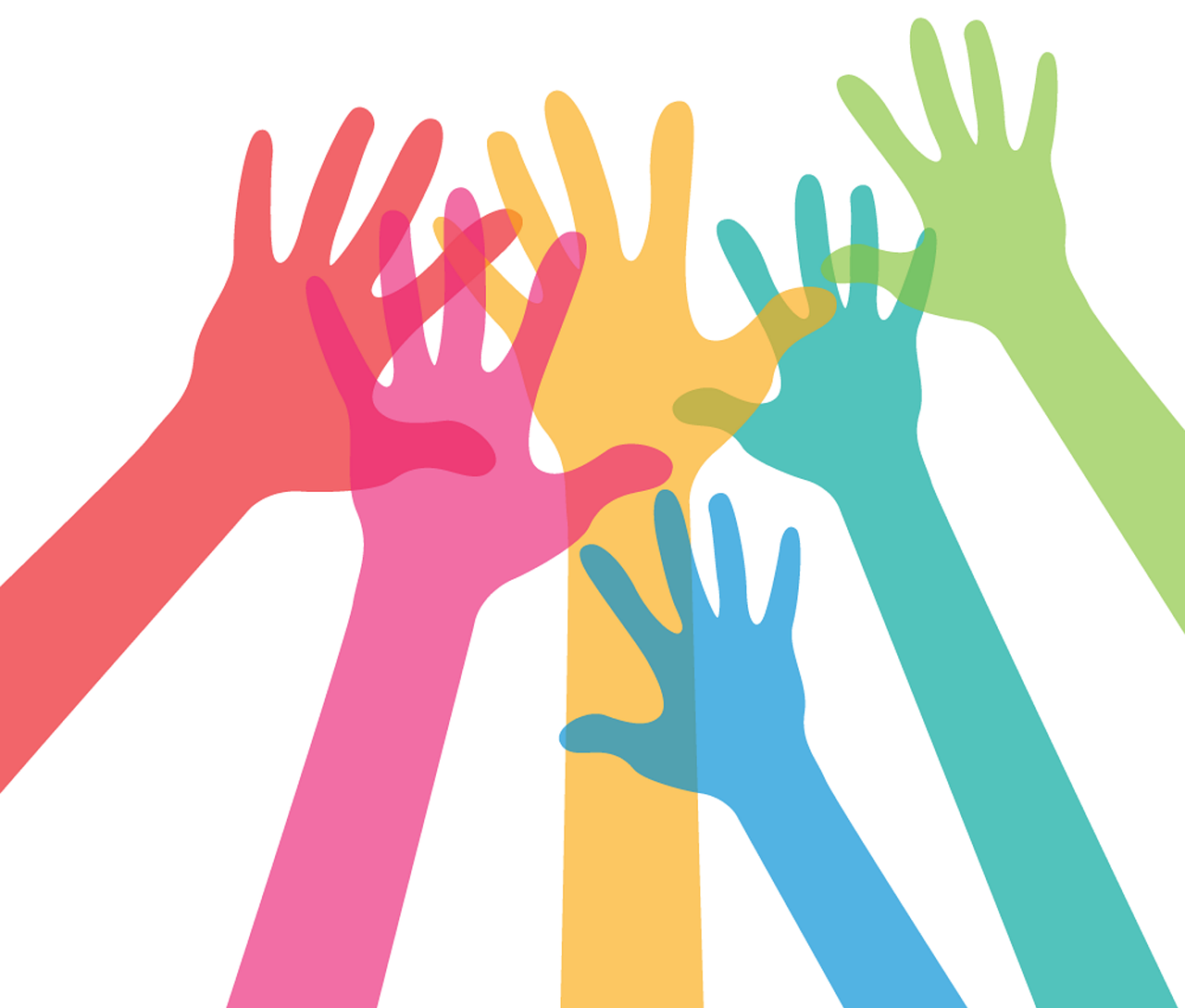 six hands in clipart in various colors