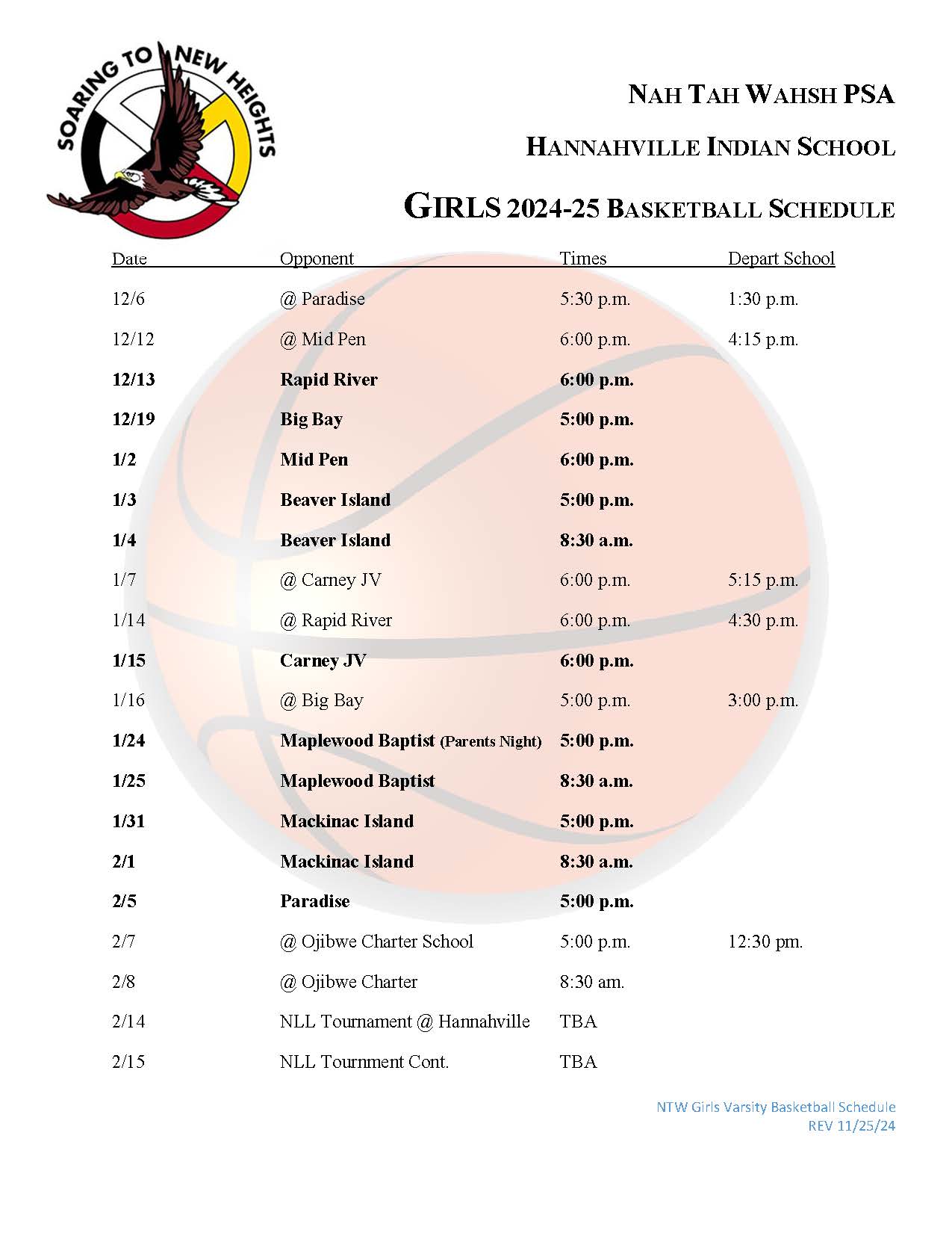 Girls Basketball Schedule