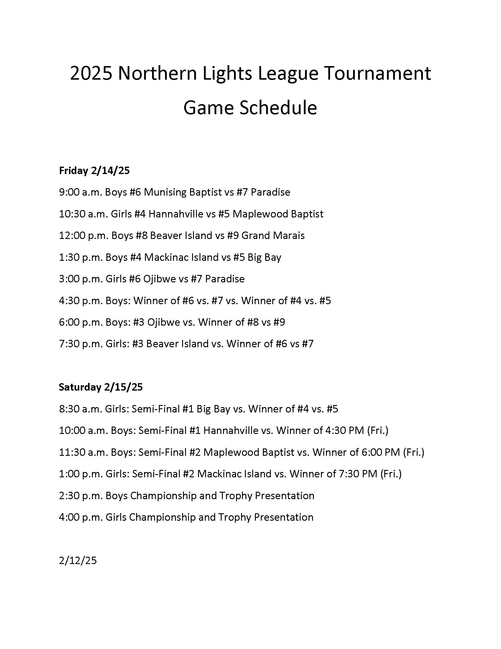 NLLC Tournament Games Information