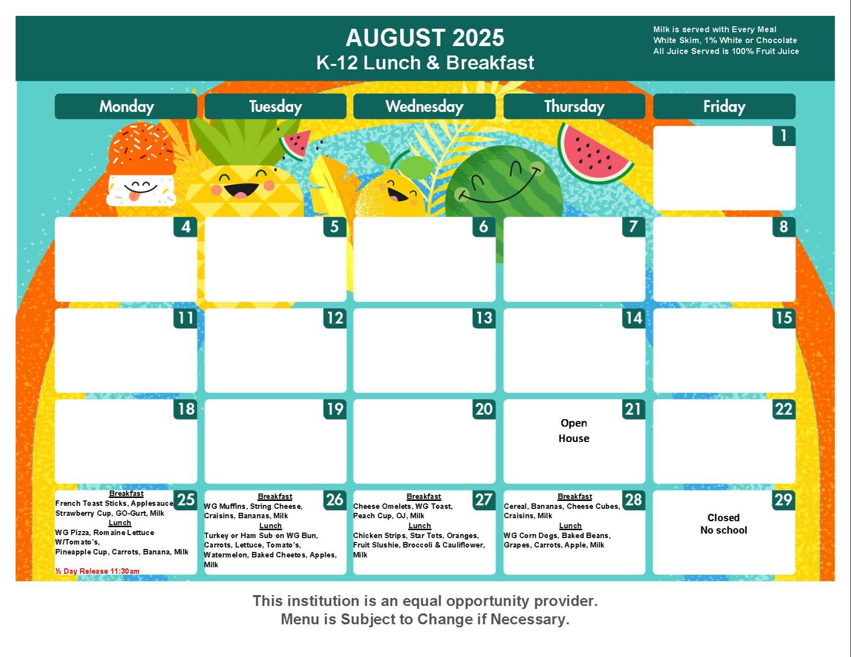 August 2025 Breakfast and Lunch Menu