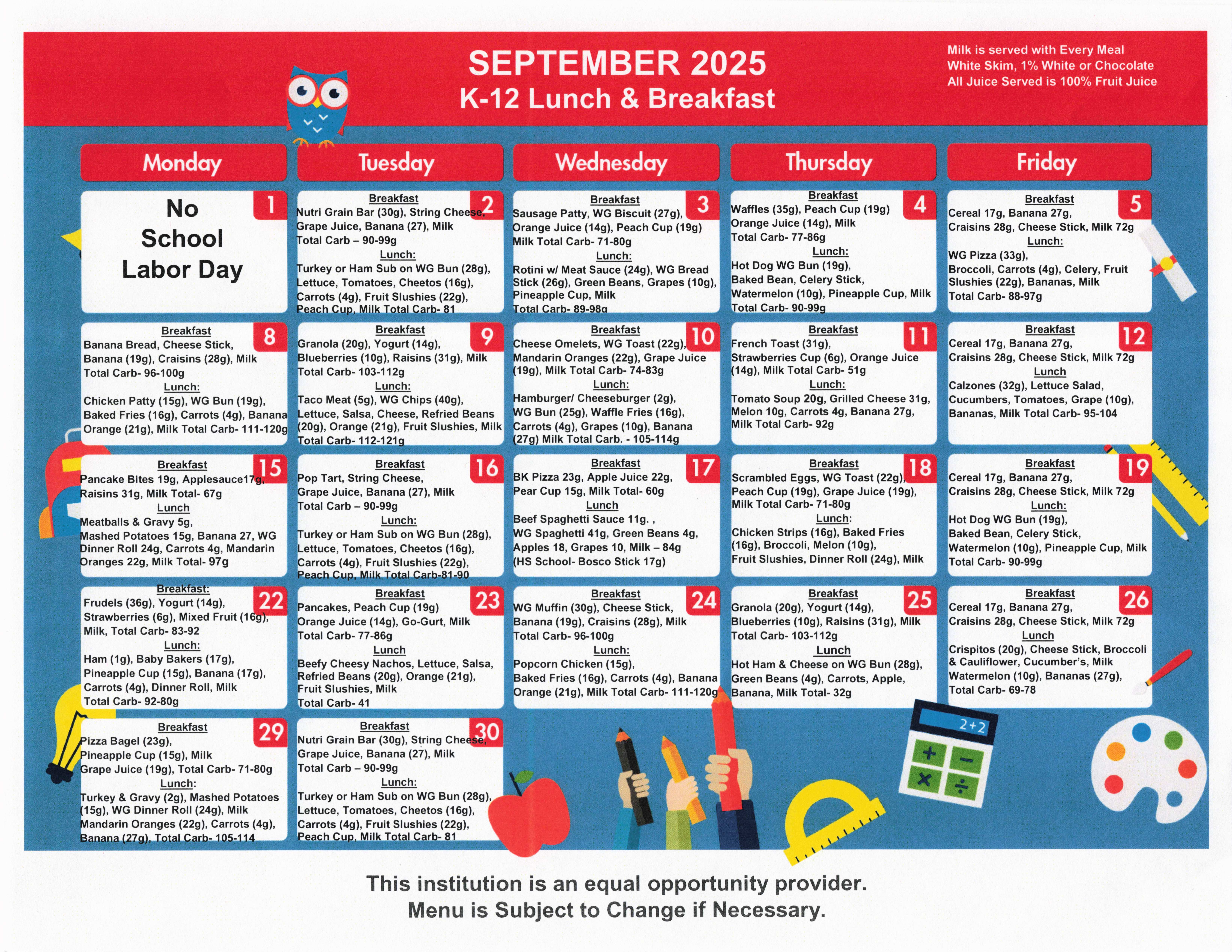 September 2025 Breakfast and Lunch Menu