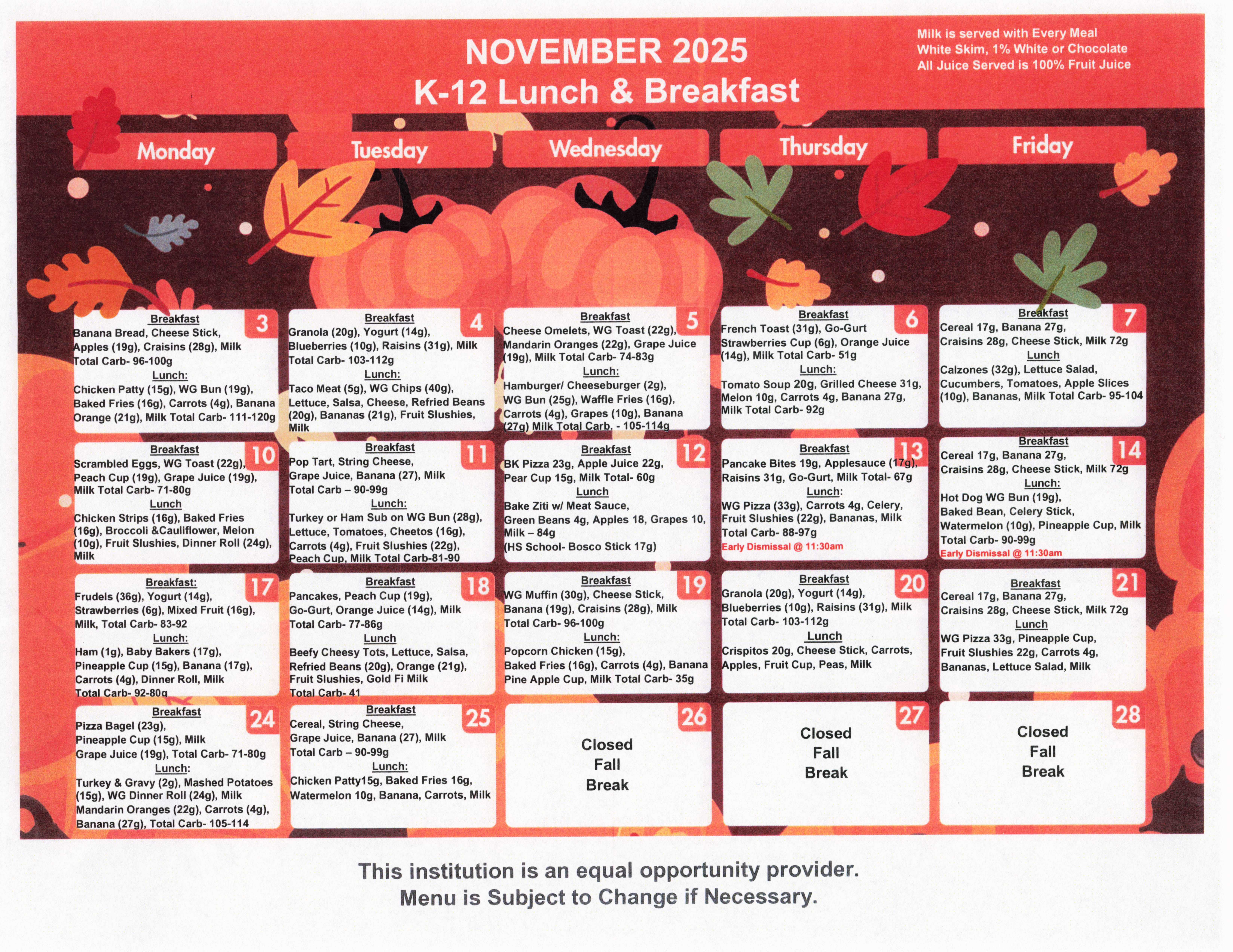 November 2025 Breakfast and Lunch Menu
