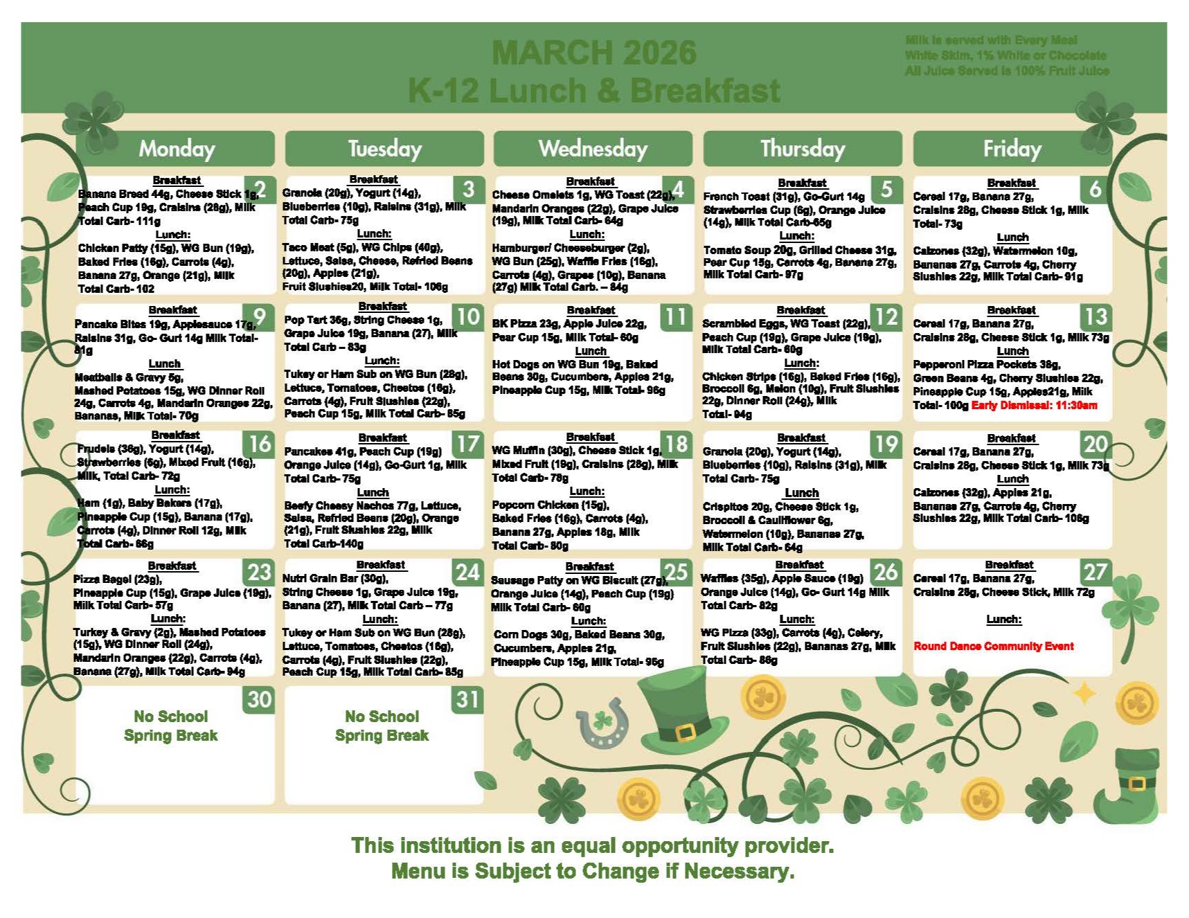 March 2026 Breakfast and Lunch Menu