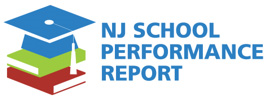 NJ School Performance report in text, next to a stack of books with a graduation cap set on top