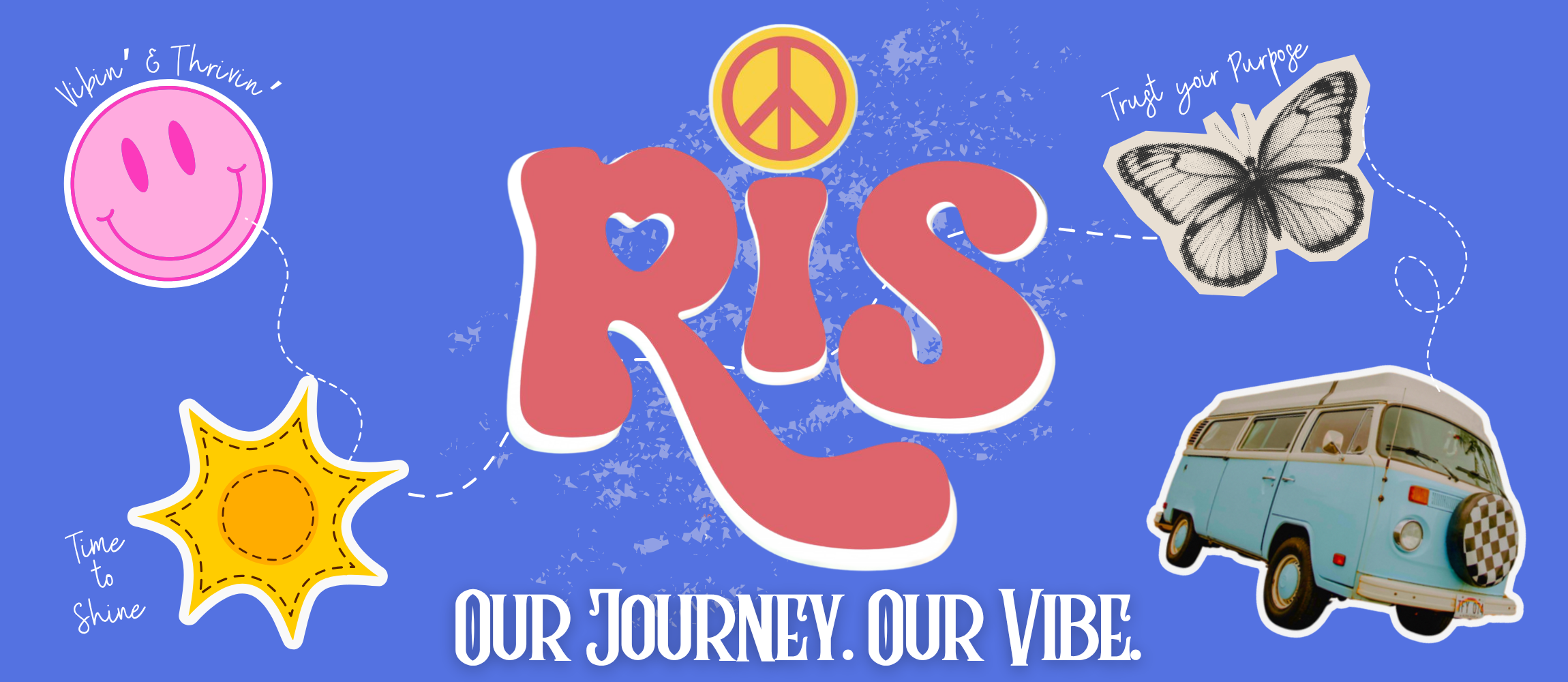RIS Our journey our vibe. image shows a roadmap from out past 3 themes vibin and thriving, time to shine, and trust your purpose all being on a journey by a retro vw bus