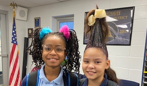 two students with crazy hair style for crazy hair day