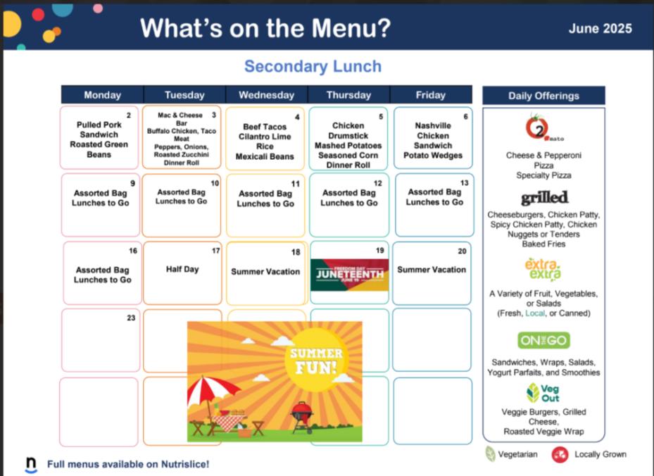 June High School Lunch Menu