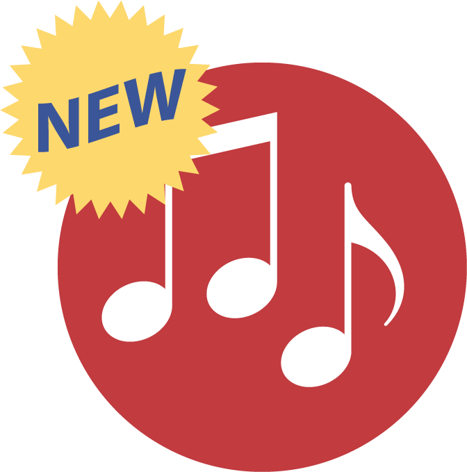 Red and white icon depicting music notes and the word "new"