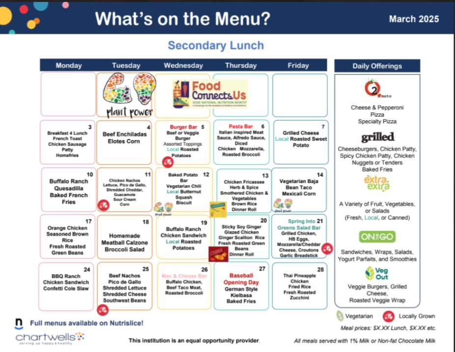 March secondary lunch menu calendar 