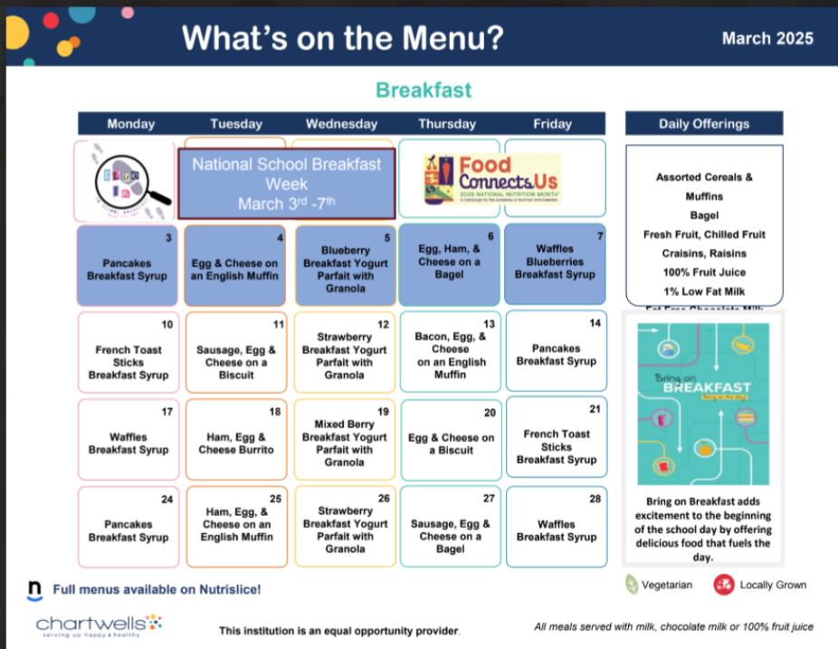 March secondary breakfast menu calendar