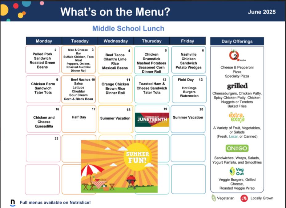 June Middle School Lunch Calendar