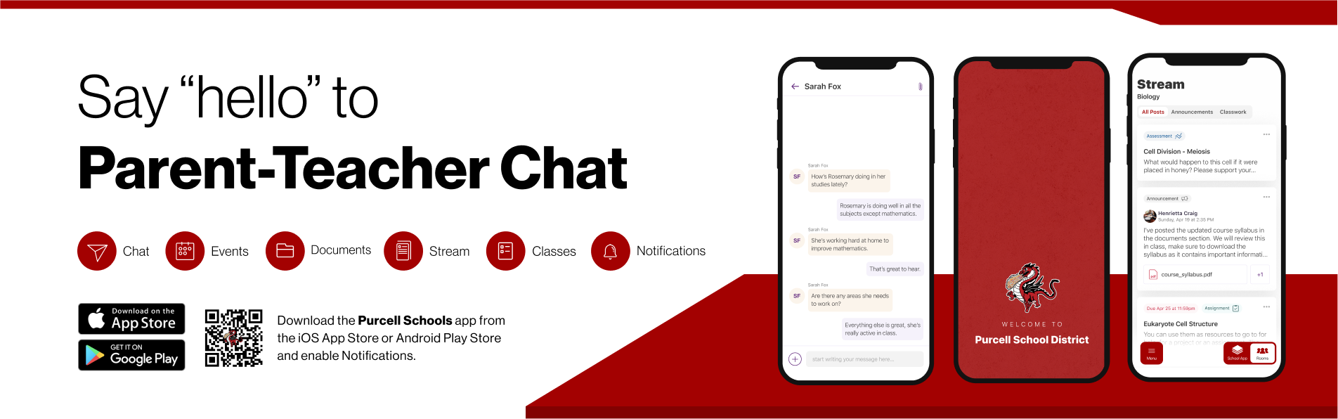 Say hello to Parent-Teacher chat in the new Rooms app. Download the Purcell Public Schools app in the Google Play or Apple App store.