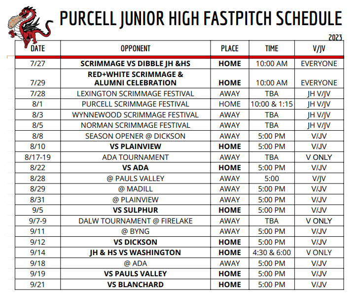 Junior High Fastpitch Schedule