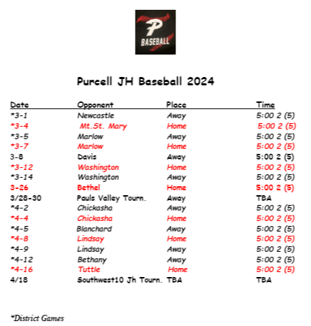 Junior High  Baseball Schedule