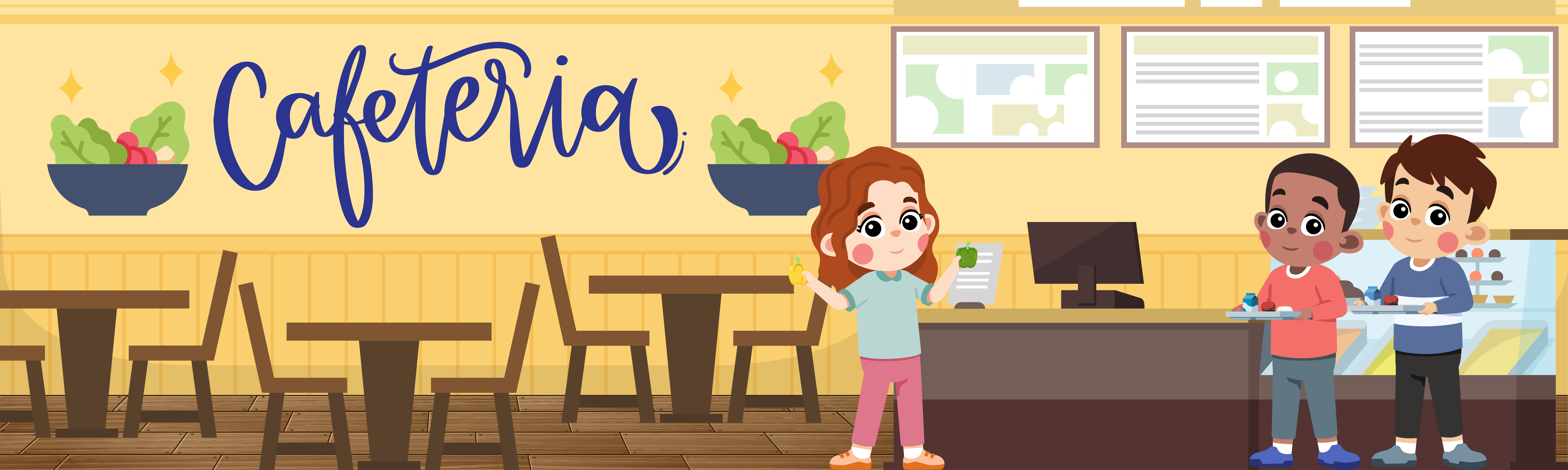 Graphic shows a school cafeteria with students getting lunch