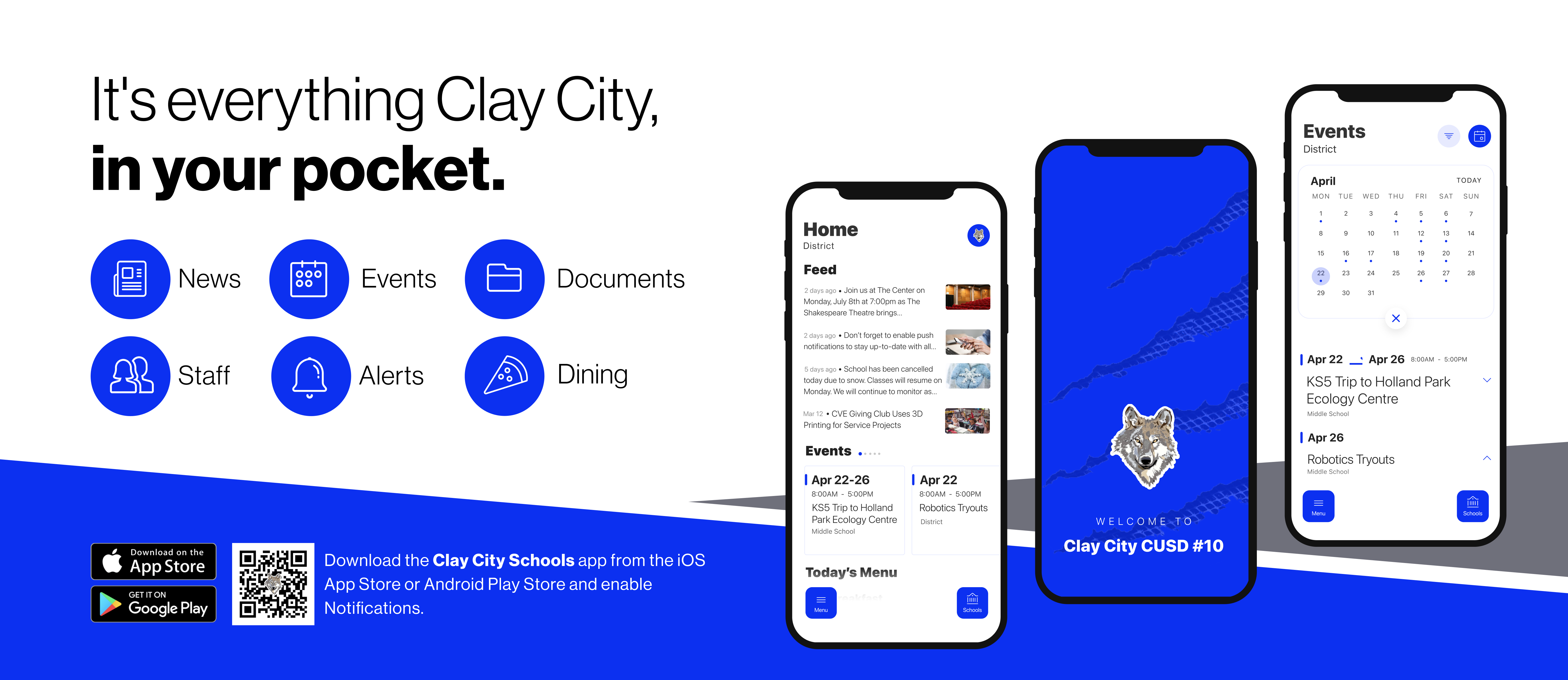 It's everything Clay City, in your pocket. News 000 Events Documents 8 Staff Alerts Dining Download on the App Store GET IT ON Google Play Download the Clay City Schools app from the iOS App Store or Android Play Store and enable Notifications.
