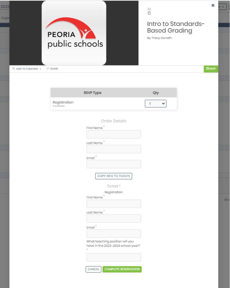 screenshot of the registration form