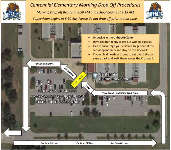 am drop off map, morning drop off begins at 8:50 am and school begins at 9:15 am, supervision begins at 8:50 am, please do not drop off prior to that time, unbuckle in the unbuckle zone, have children ready to get out with backpacks, please encourage your children to get out of the car independently and stay on the sidewalk, if your child needs assistance to get out of the car, please park and walk them across the crosswalk